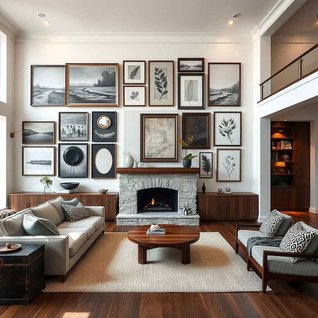Long picture rail with framed art spanning living room wall near kitchen
