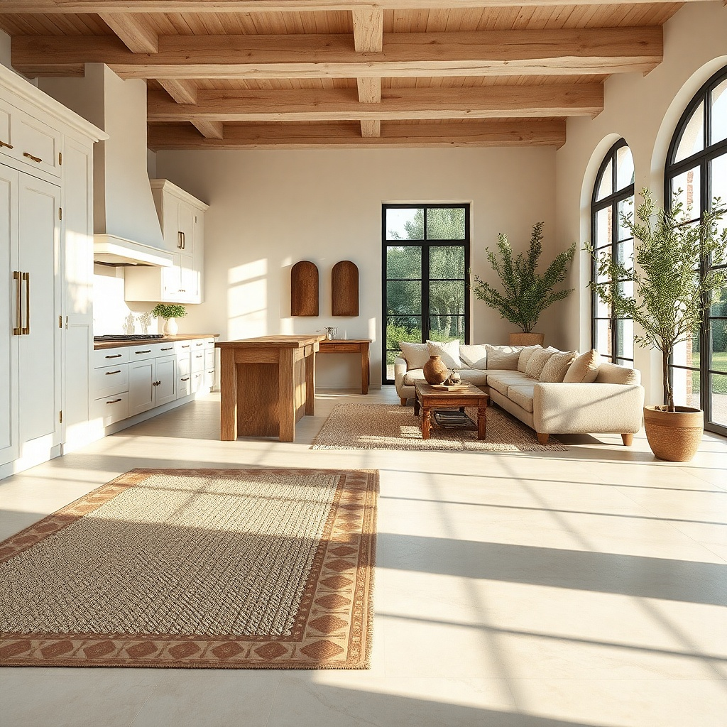 Small patterned runner at threshold leading from kitchen to rug area