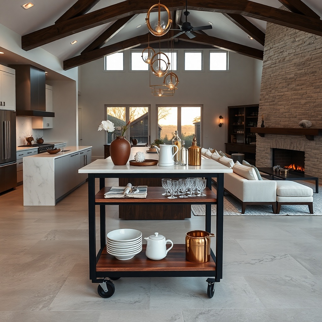 Bar cart with stone tray matching kitchen countertop near open living room seating