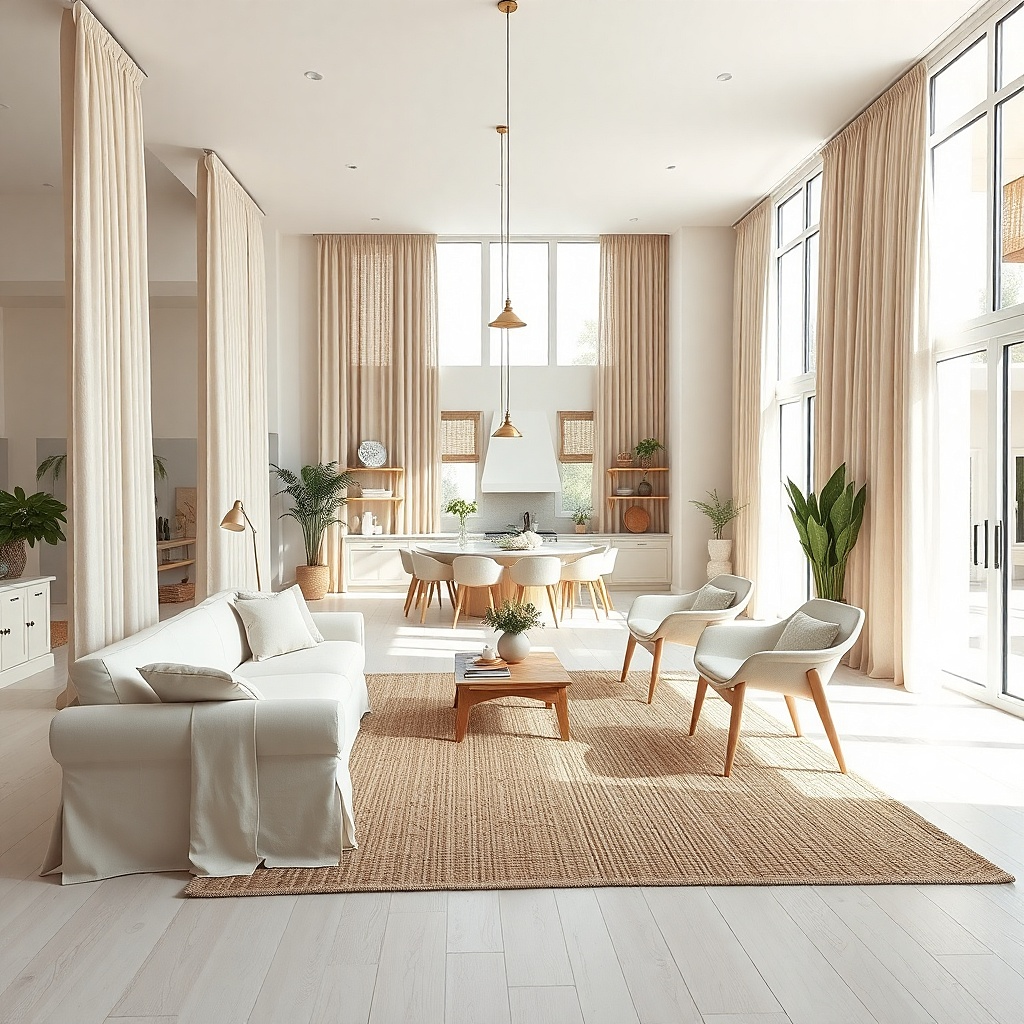 Warm white curtains with rods at consistent height near open kitchen