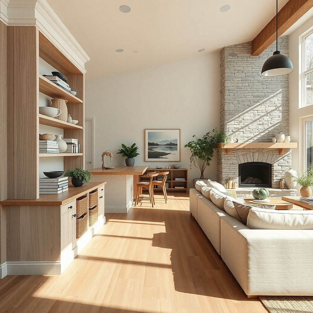 Corner shelf unit aligned with island sight line, styled with ceramics and books