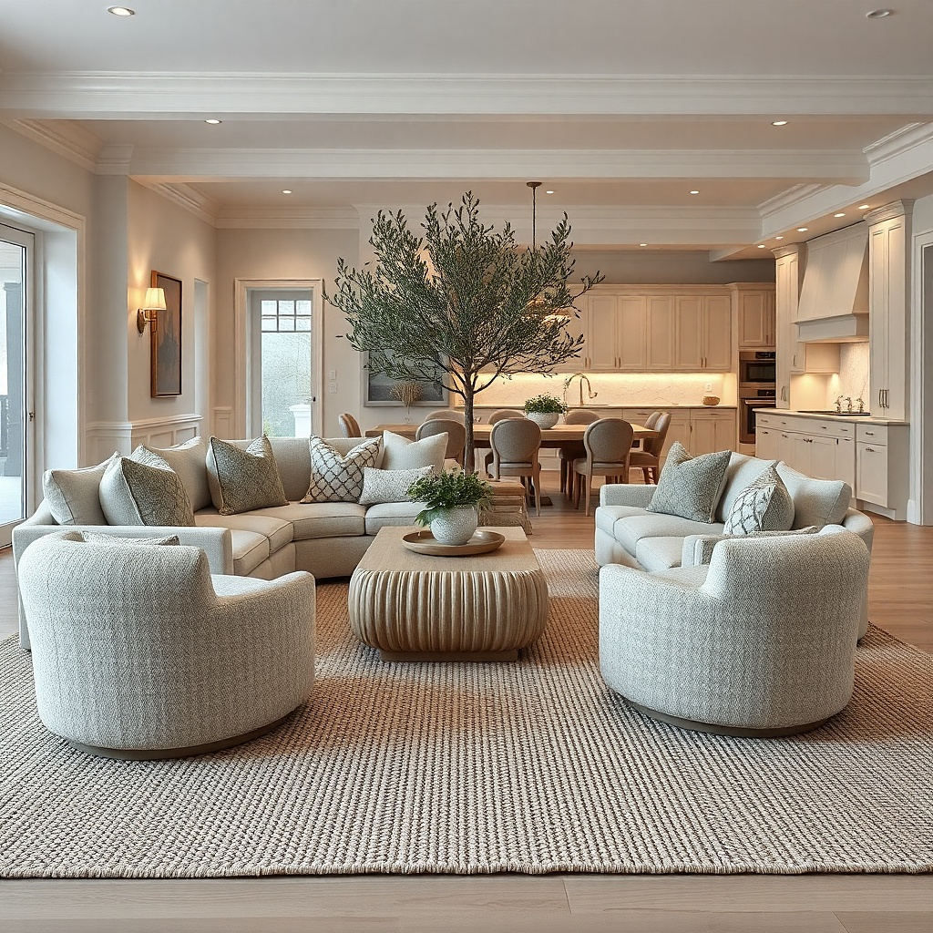 Monochrome living room with textured boucle throw and kitchen in neutral tones