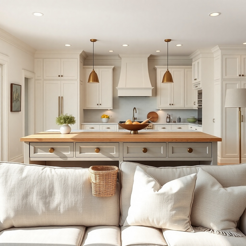 Counter-height console with stools bridging kitchen and living room visually