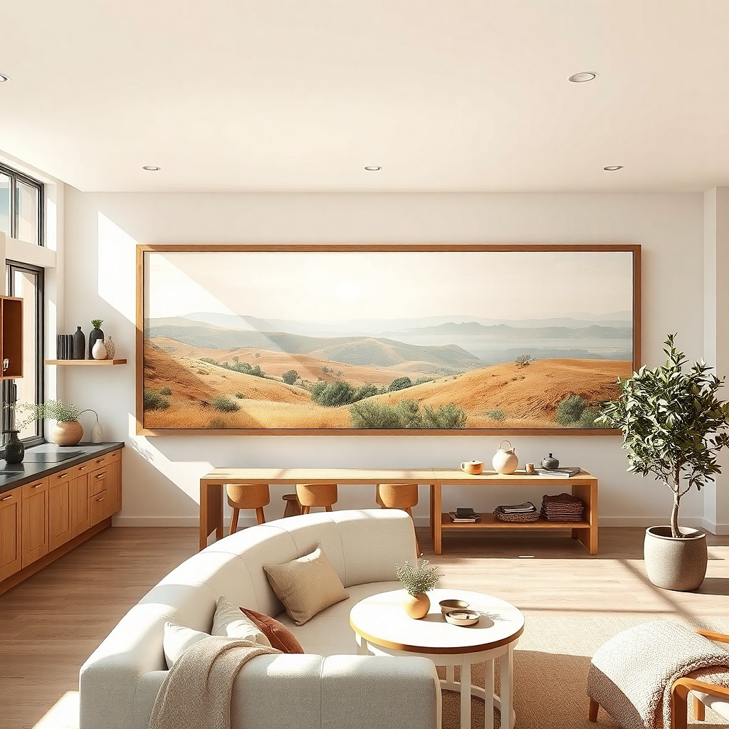 Large framed art above sofa with colors echoing kitchen backsplash