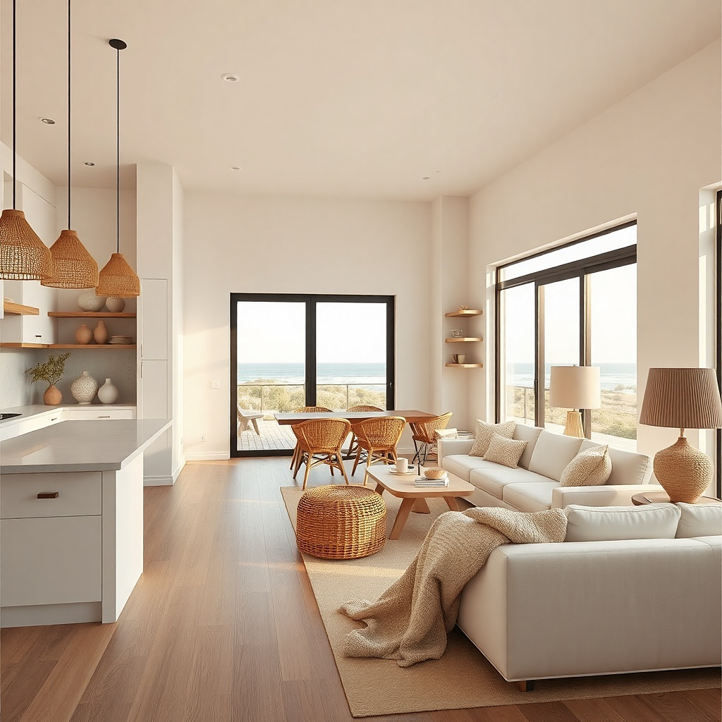 Matte white living room with rattan chair and neutral rug next to open kitchen
