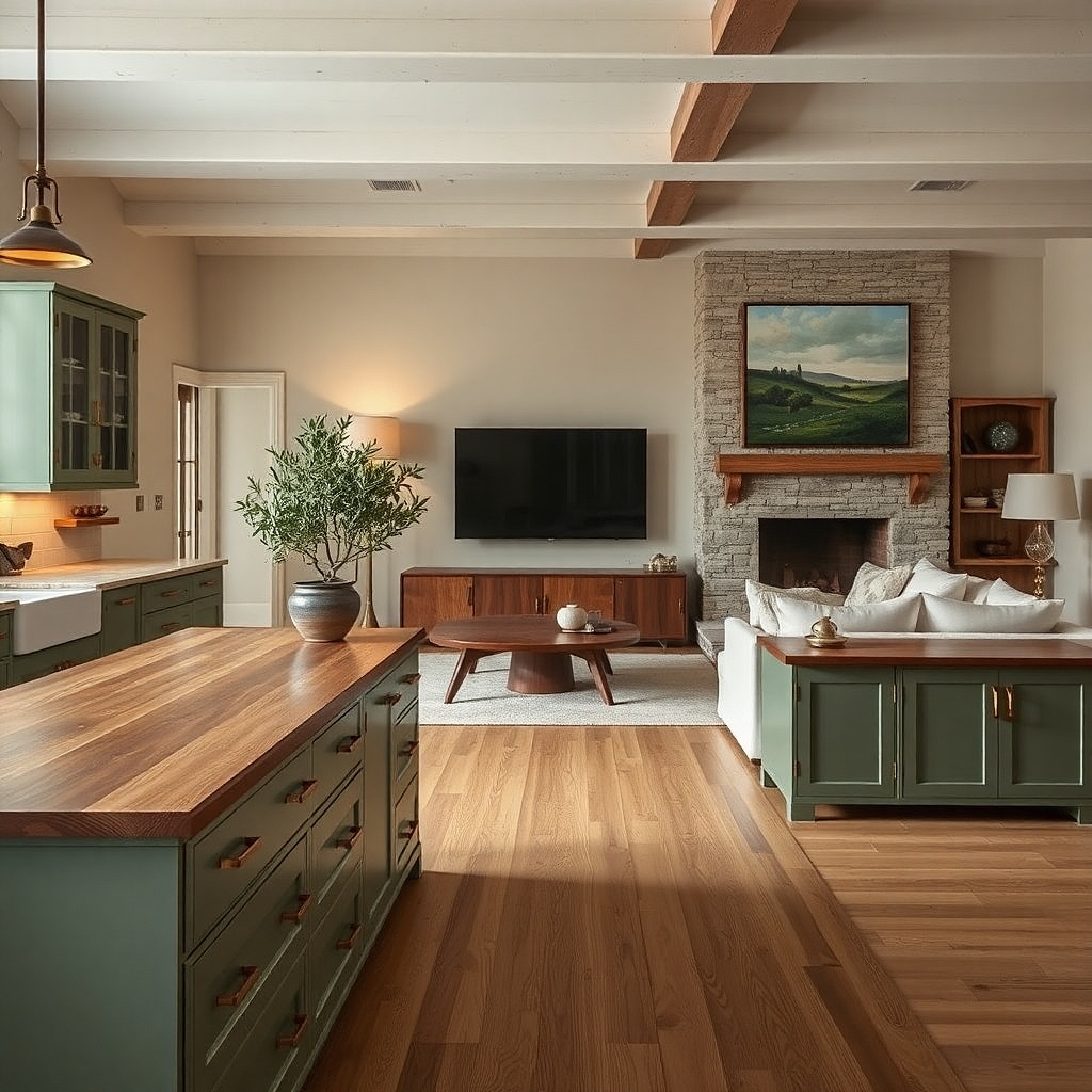 Low media cabinet in same color as kitchen island with neutral decor