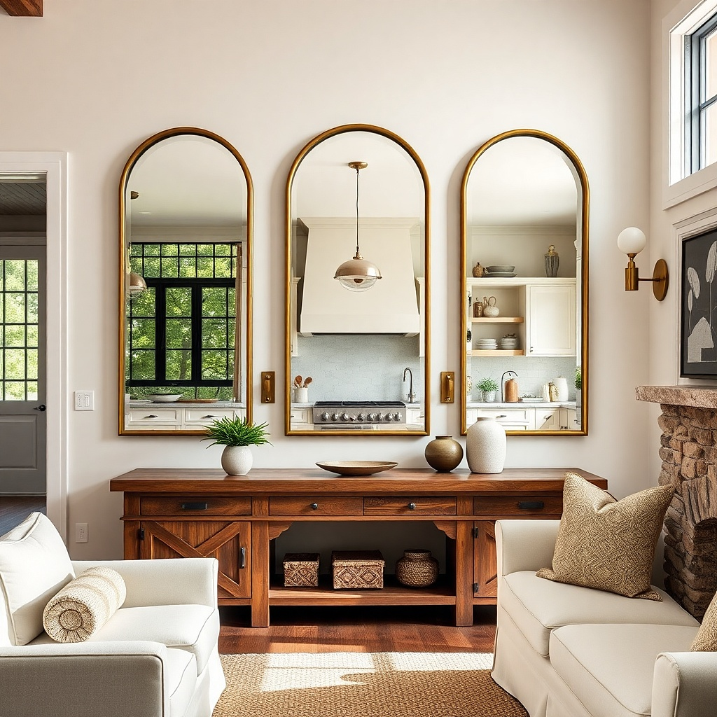 Brass-framed mirror in living room facing kitchen window light