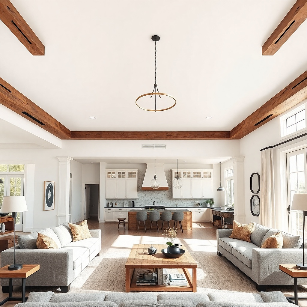 Soft off-white ceiling with slightly darker border above living room