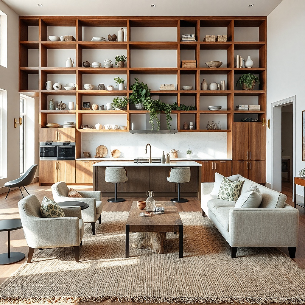 Tall open bookshelves between kitchen and living room with matching trim and soft lamps