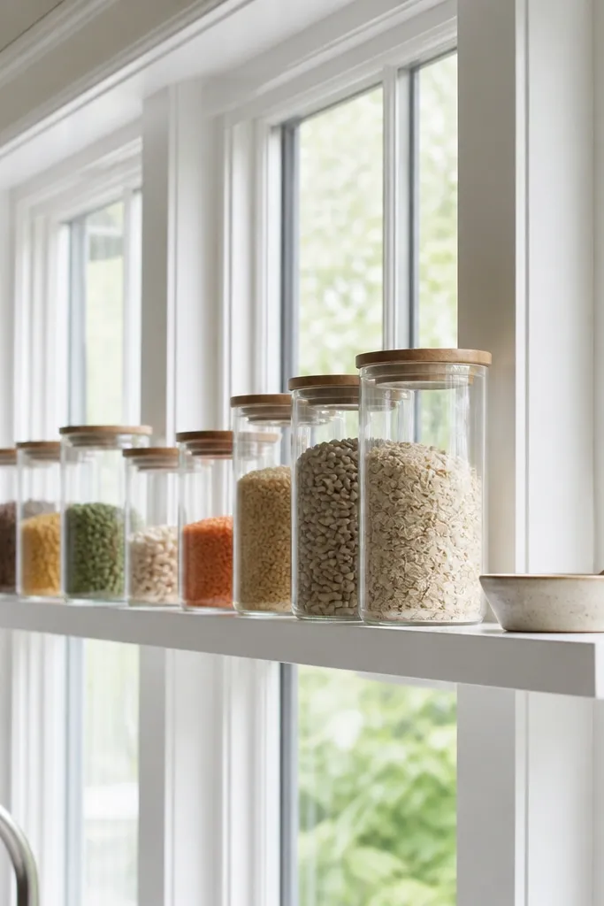 White floating shelf with clear jars and a small plant under a kitchen window