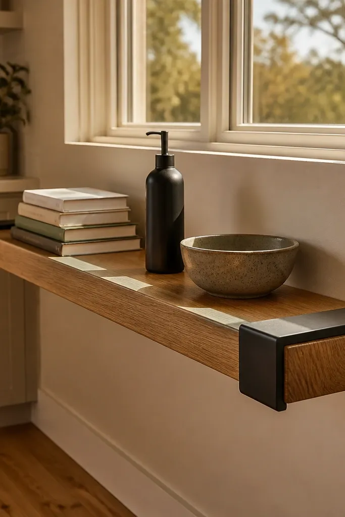 Oak ledge shelf with black metal supports holding a tray and jars