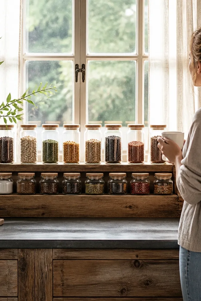 Reclaimed wood shelf with two rows of jars and stacked items