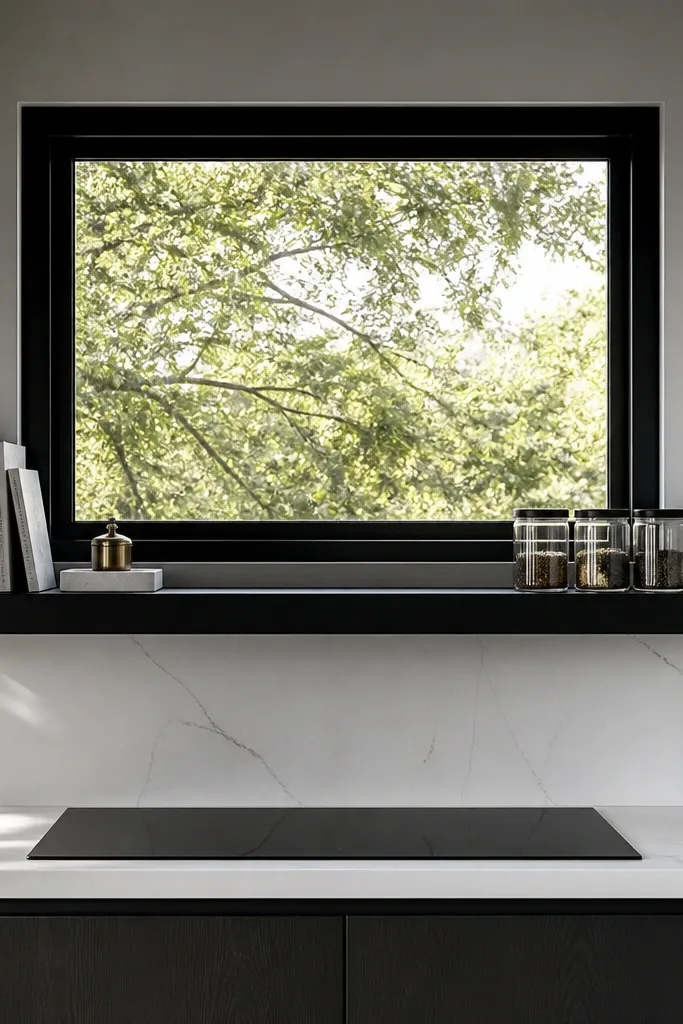 Black shelf with a vertical cookbook stack and small jars under a window