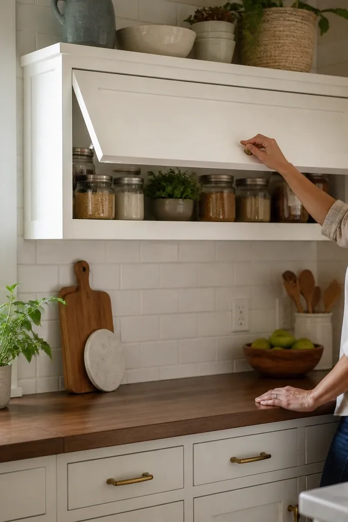 White shaker-style cabinet shelf under a window with small items