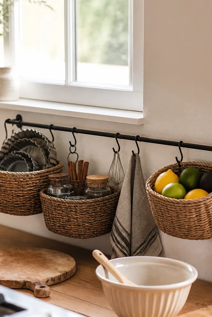 Metal wall rail under a window with small baskets and a plant