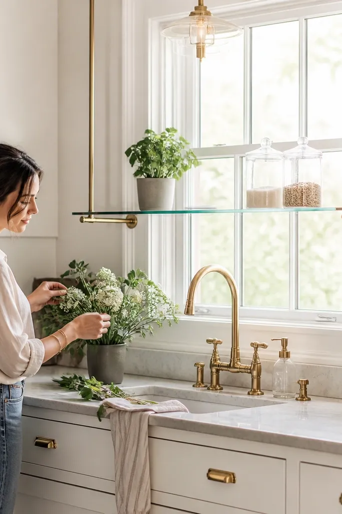 Clear glass shelf with brass rods and small jars under a kitchen window