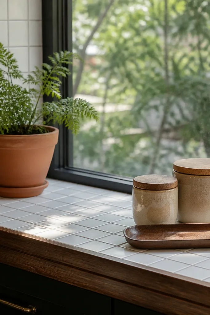 Sanded tile-topped shelf under a window with small plants and jars