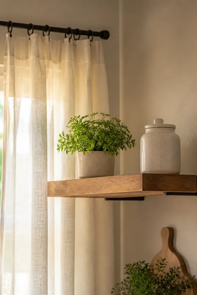 Floating ledge shelf with space clearance for curtains and small jars