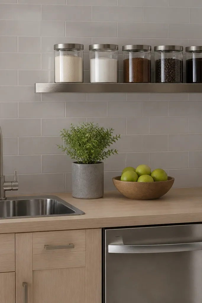 Stainless shelf under a window with lined-up canisters and a metal tray