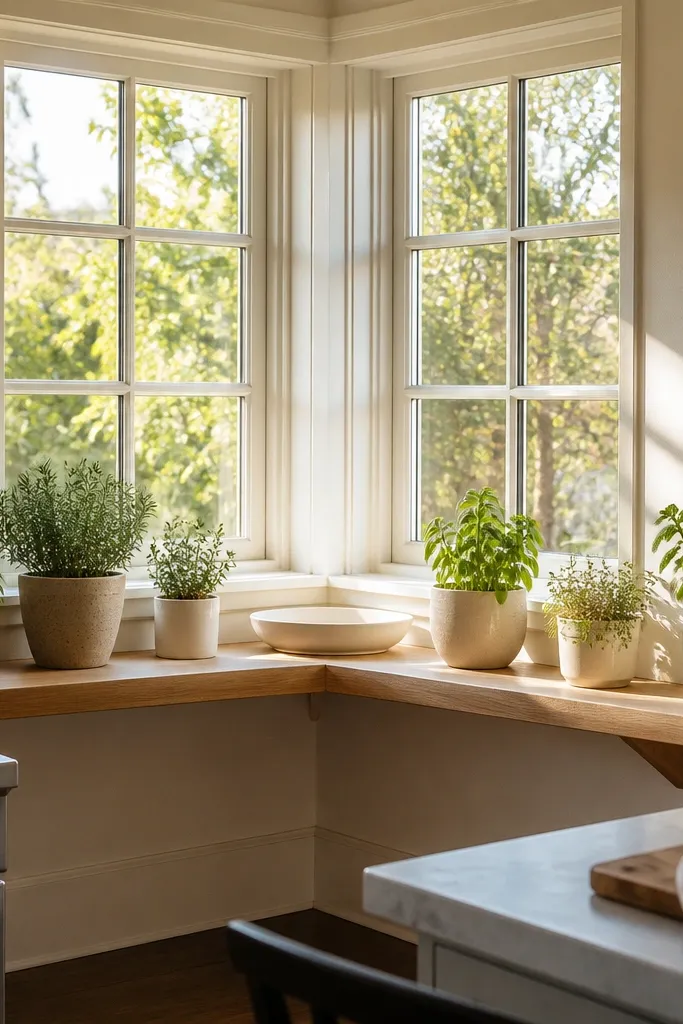 Angled corner shelf under a window with plants and small jars