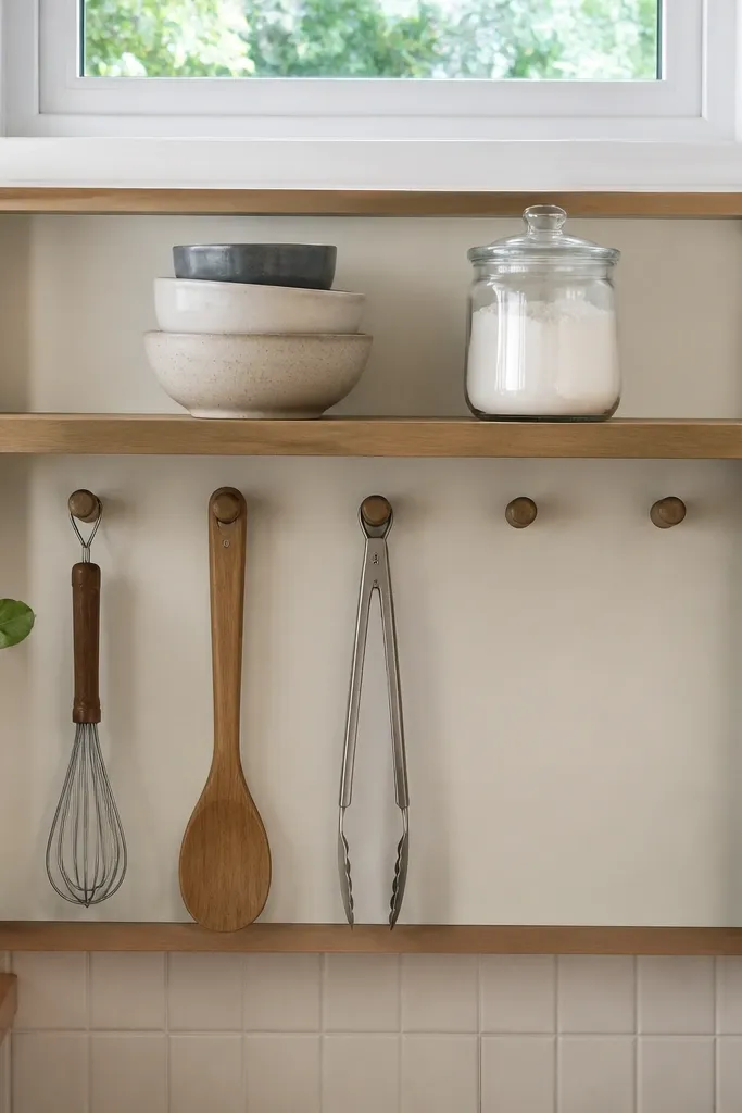 Framed shelf under window with a backboard and hooks holding small tools