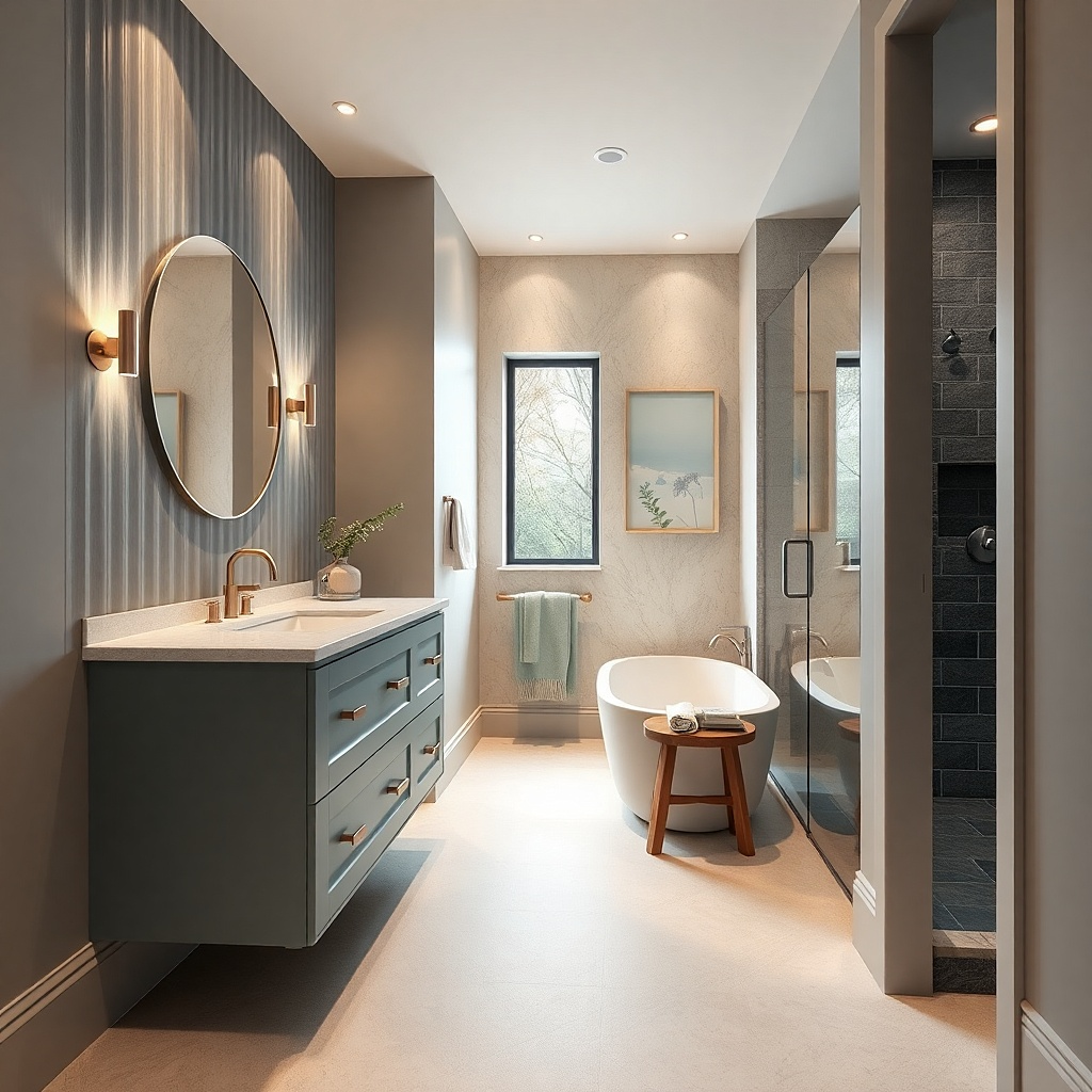 Floating white vanity with a wide mirror and soft beige wall paint