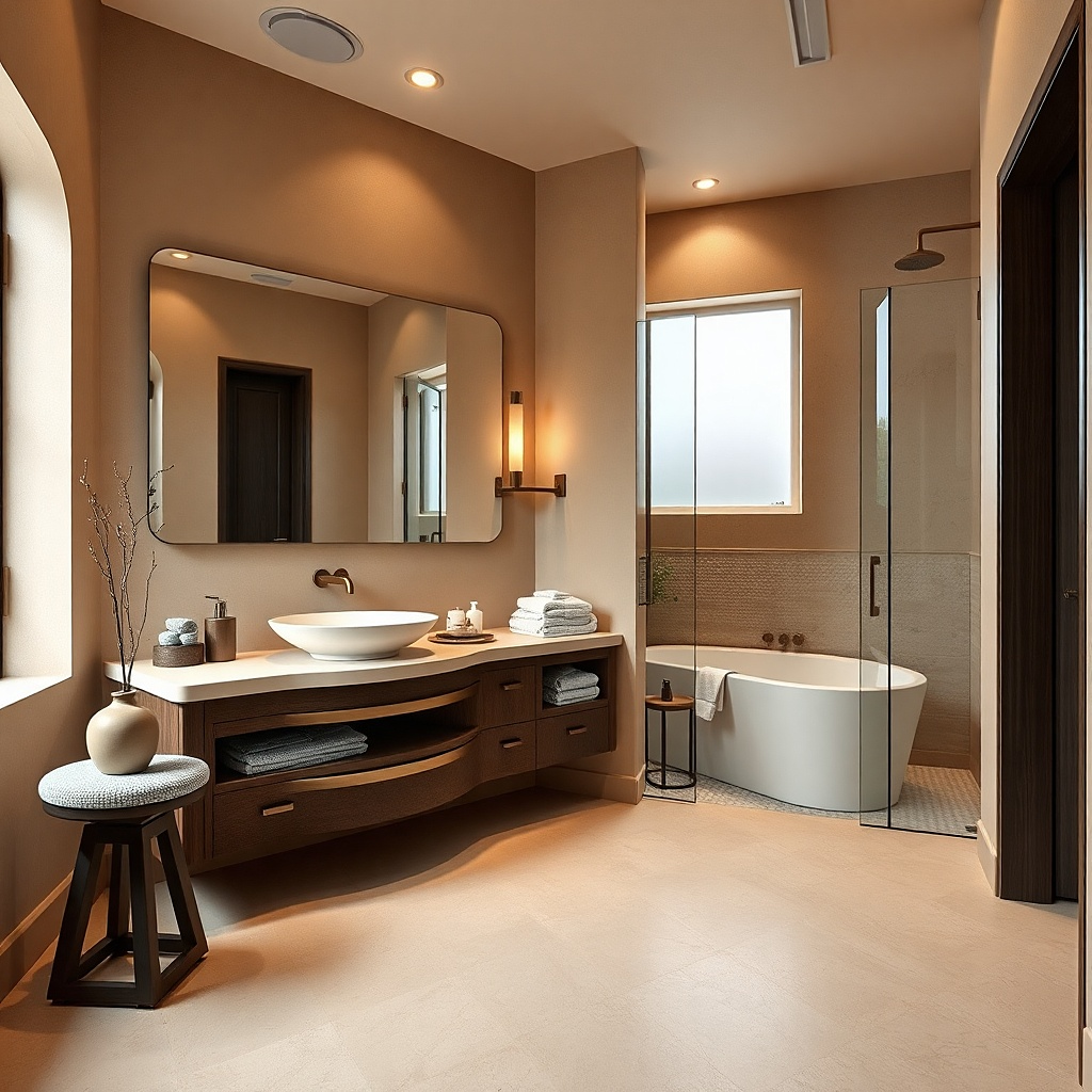 Large rectangular mirror above a small floating vanity with warm lighting
