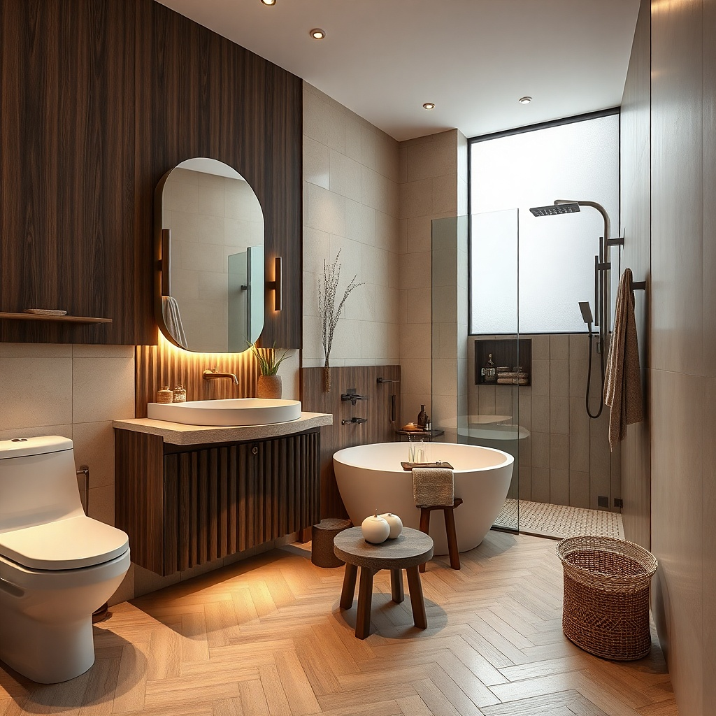 Shower wall with large rectangular tiles in soft neutral tones