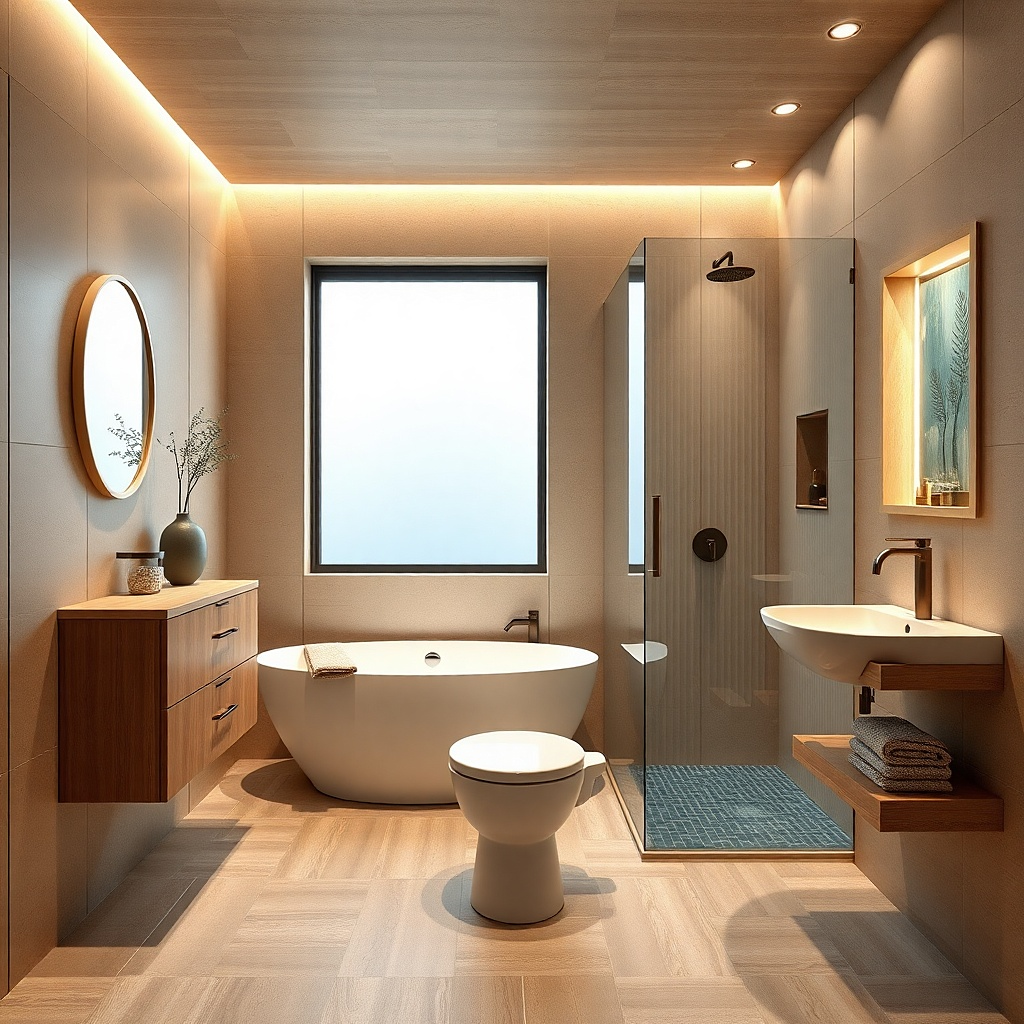 Shower wall with a recessed shelf and neatly arranged bottles