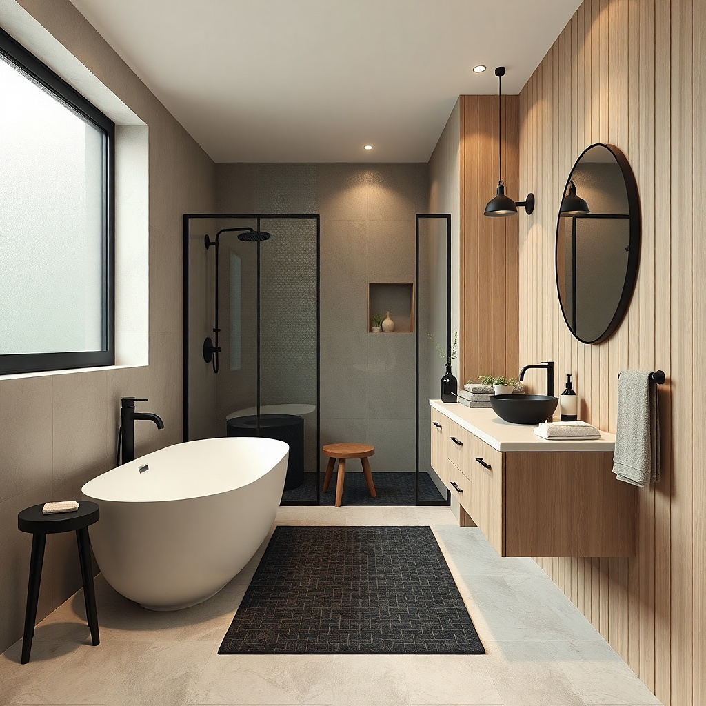 Matte black faucet and towel bar with a warm neutral wall