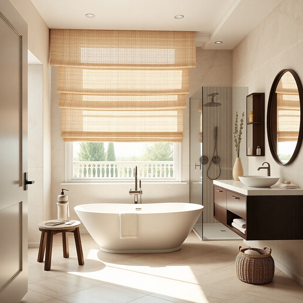 Light linen roman shade over a small bathroom window