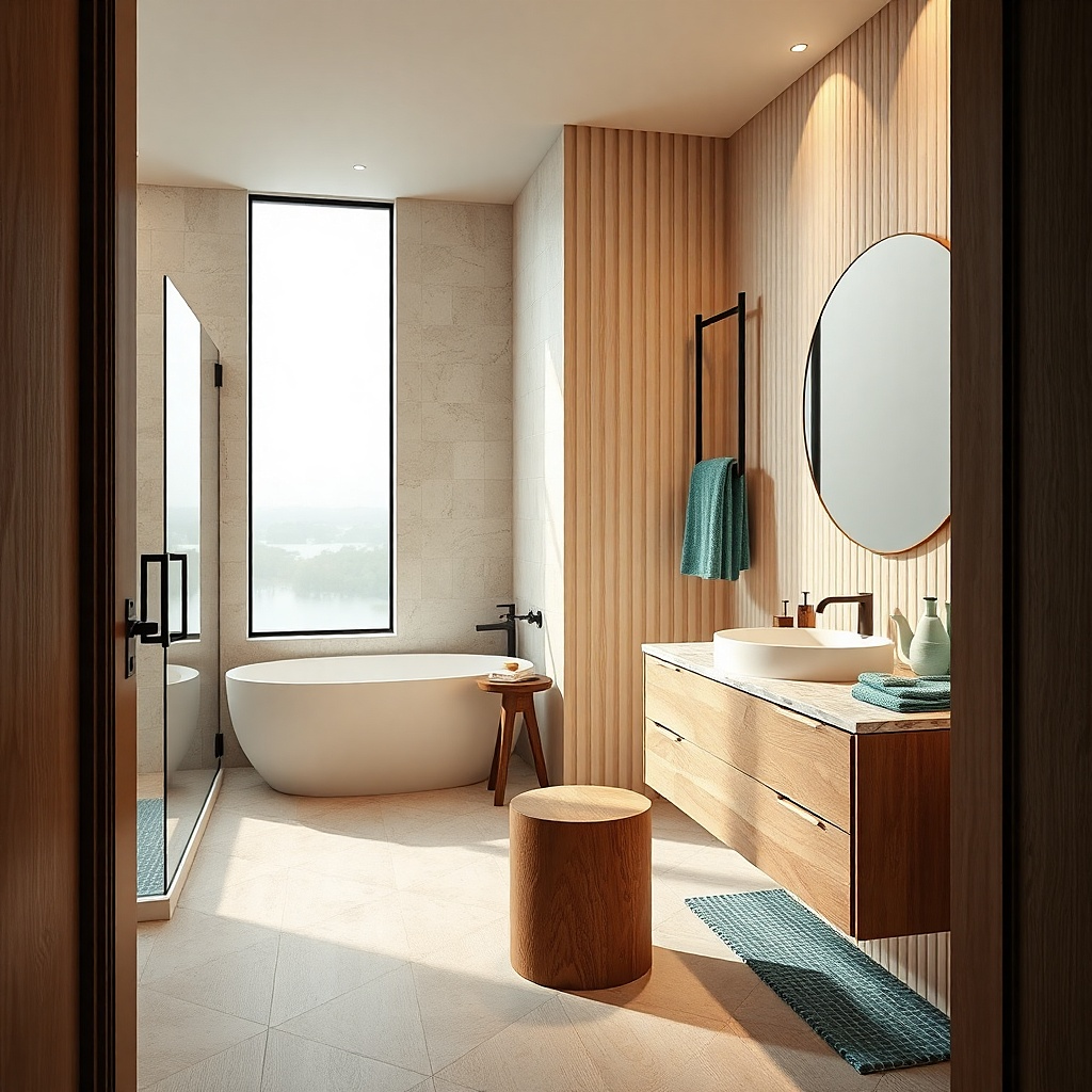 Rolled white towels on a wall-mounted vertical bar and hook