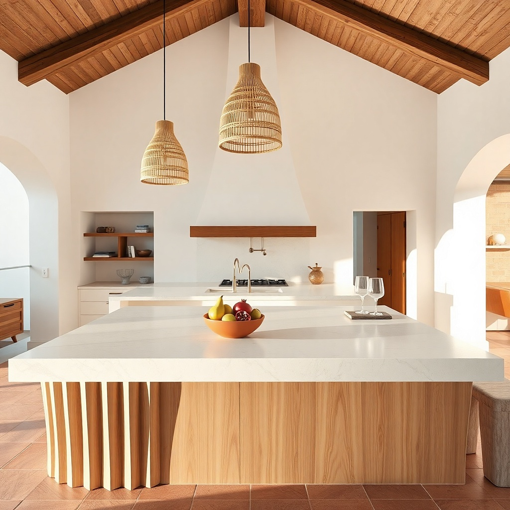 Low ceramic fruit bowl with lemons on a clean kitchen island