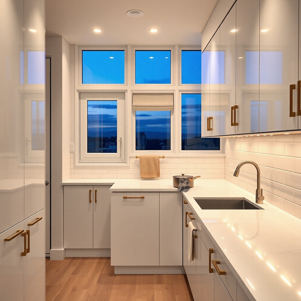 Small lamp glowing on a kitchen counter in a back corner