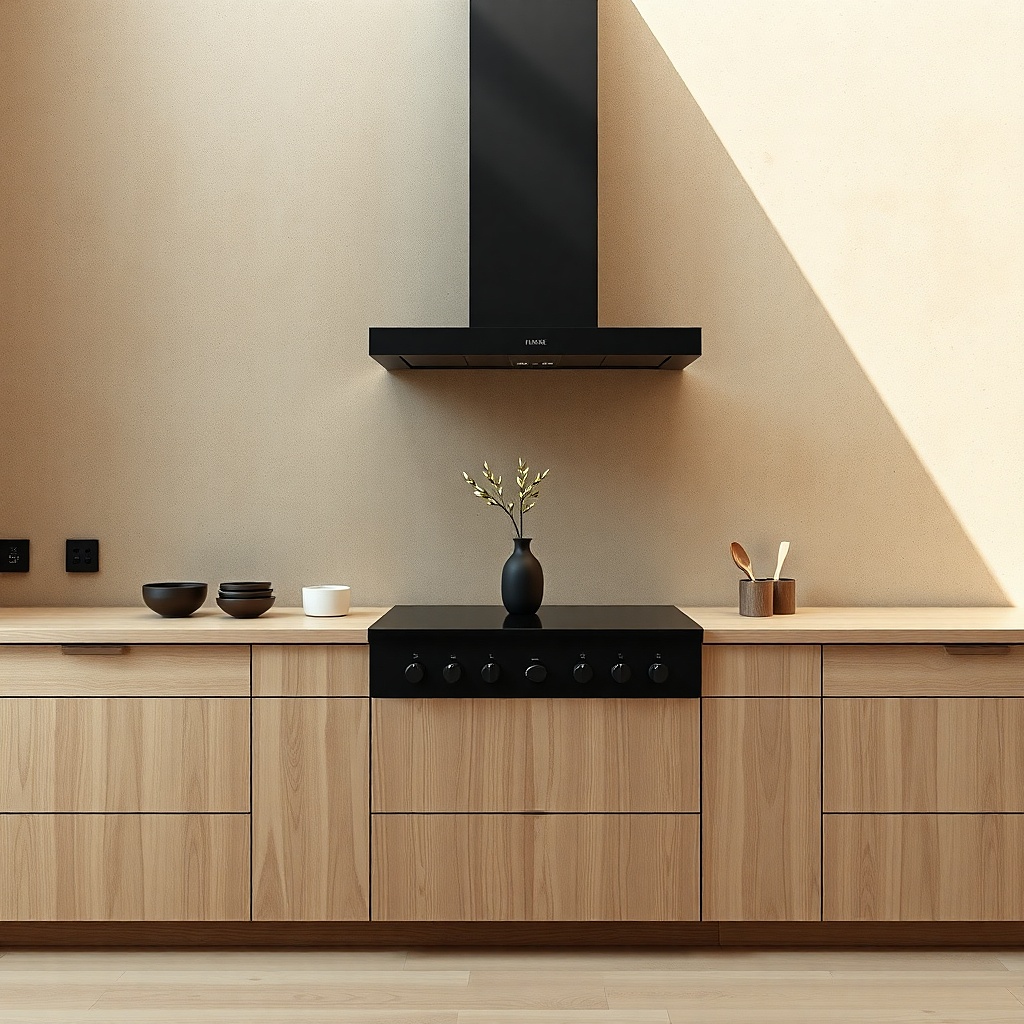 Tall ceramic vase with a single leafy branch on a kitchen counter