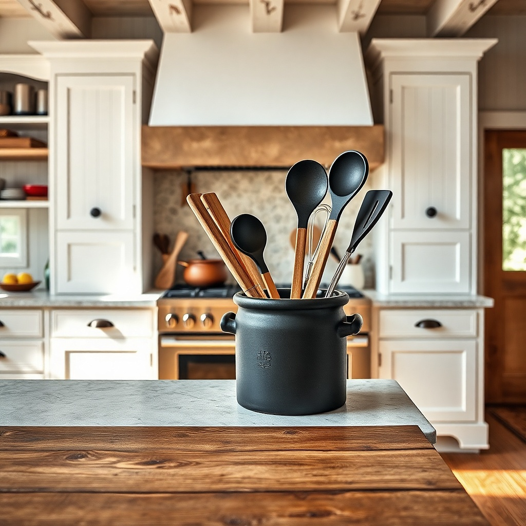 Ceramic utensil crock with a few wooden spoons on a counter