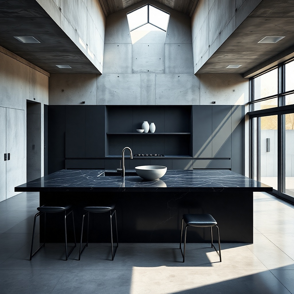 Large sculptural bowl placed on the end of a kitchen island