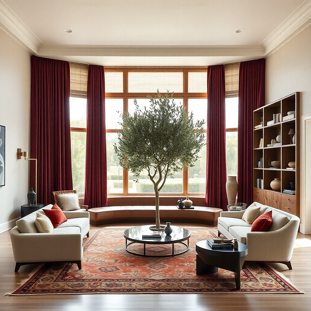 Oxblood velvet curtains in a cream living room with walnut furniture