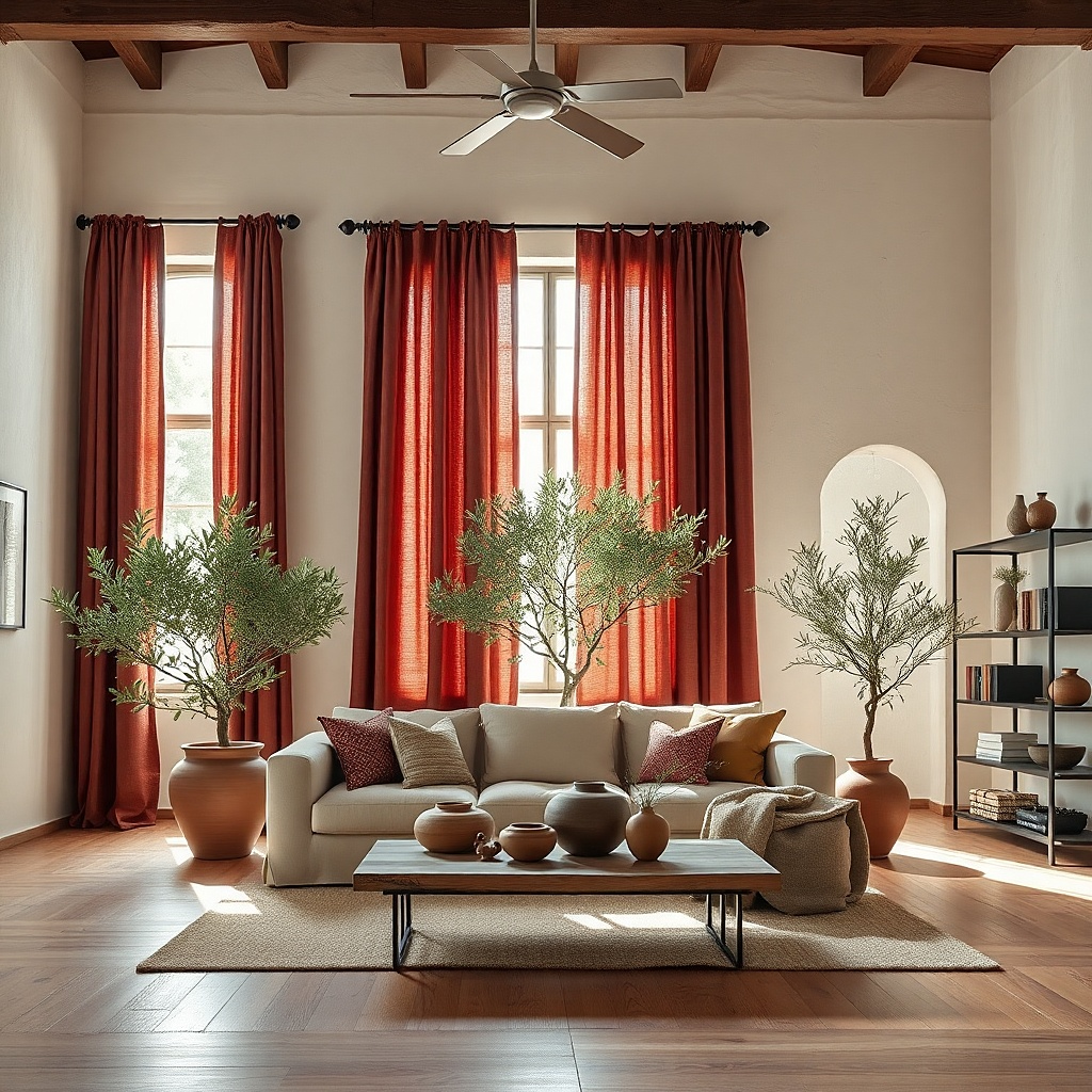 Brick red linen curtains with off-white walls and black curtain rod