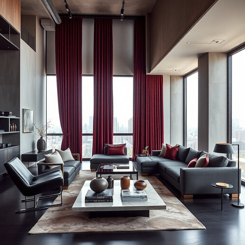 Garnet pinch-pleat curtains in a gray living room with black lamp