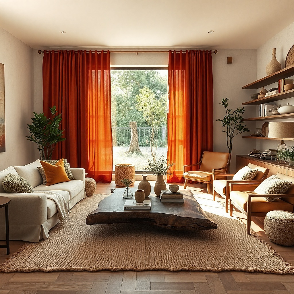 Rust red curtains with olive pillows and a cognac leather chair