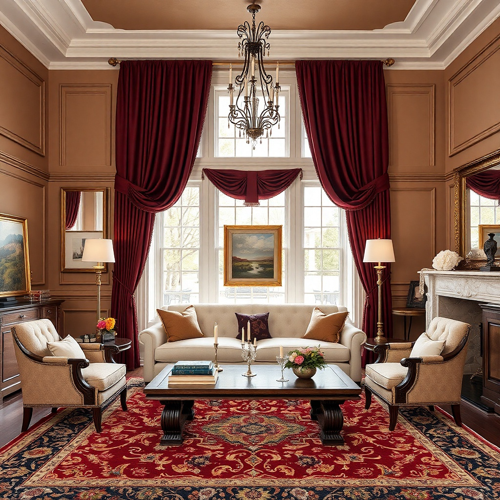 Deep red drapes with antique brass rod in a formal living room