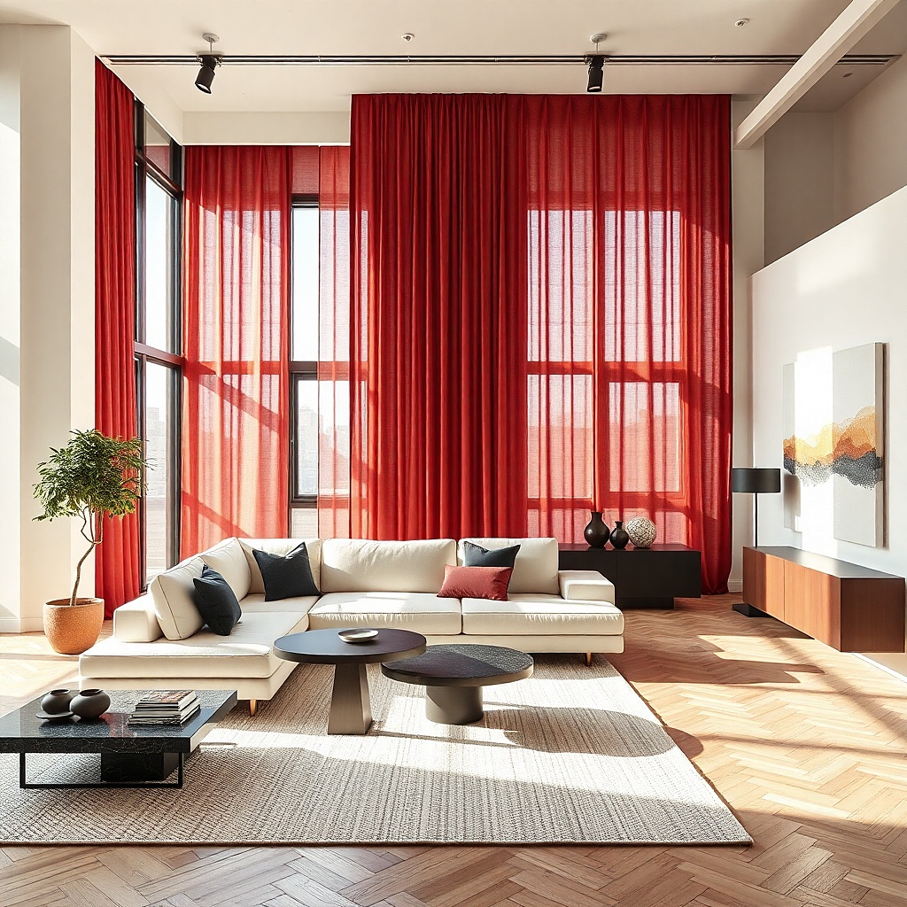 Cherry red curtains in a modern white living room with black accents