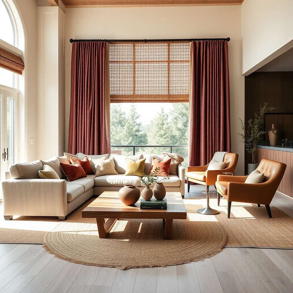 Burgundy curtains layered with woven shades in a warm living room