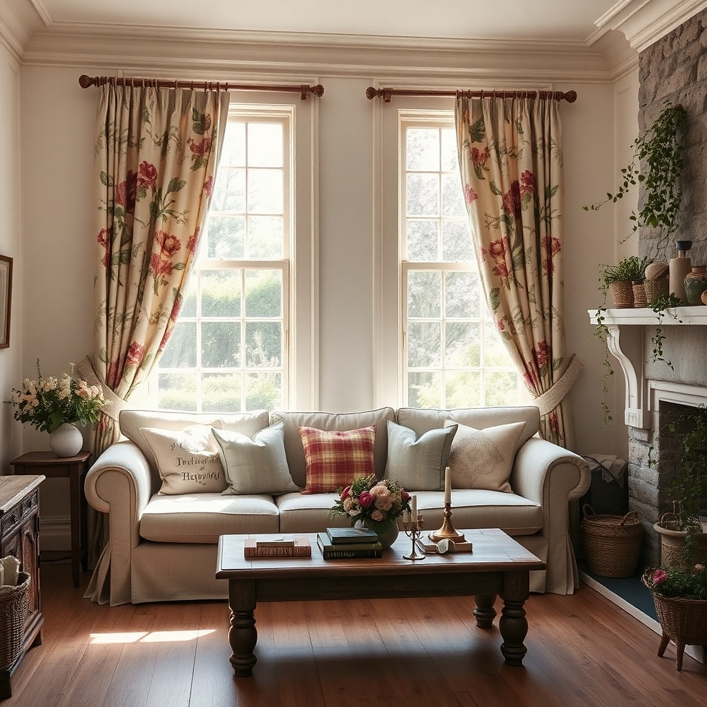 Red floral curtains in a vintage living room with cream sofa