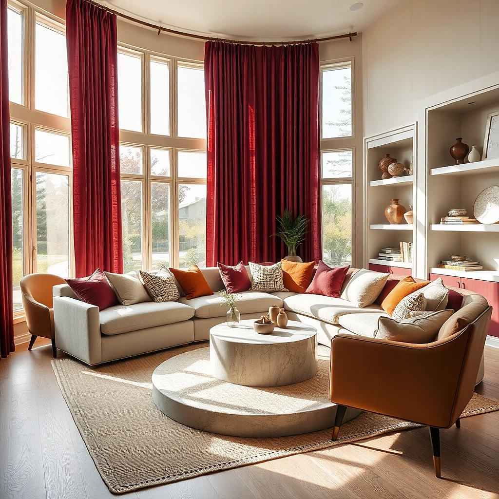 Wine red curtains beside a beige sectional sofa and cream rug
