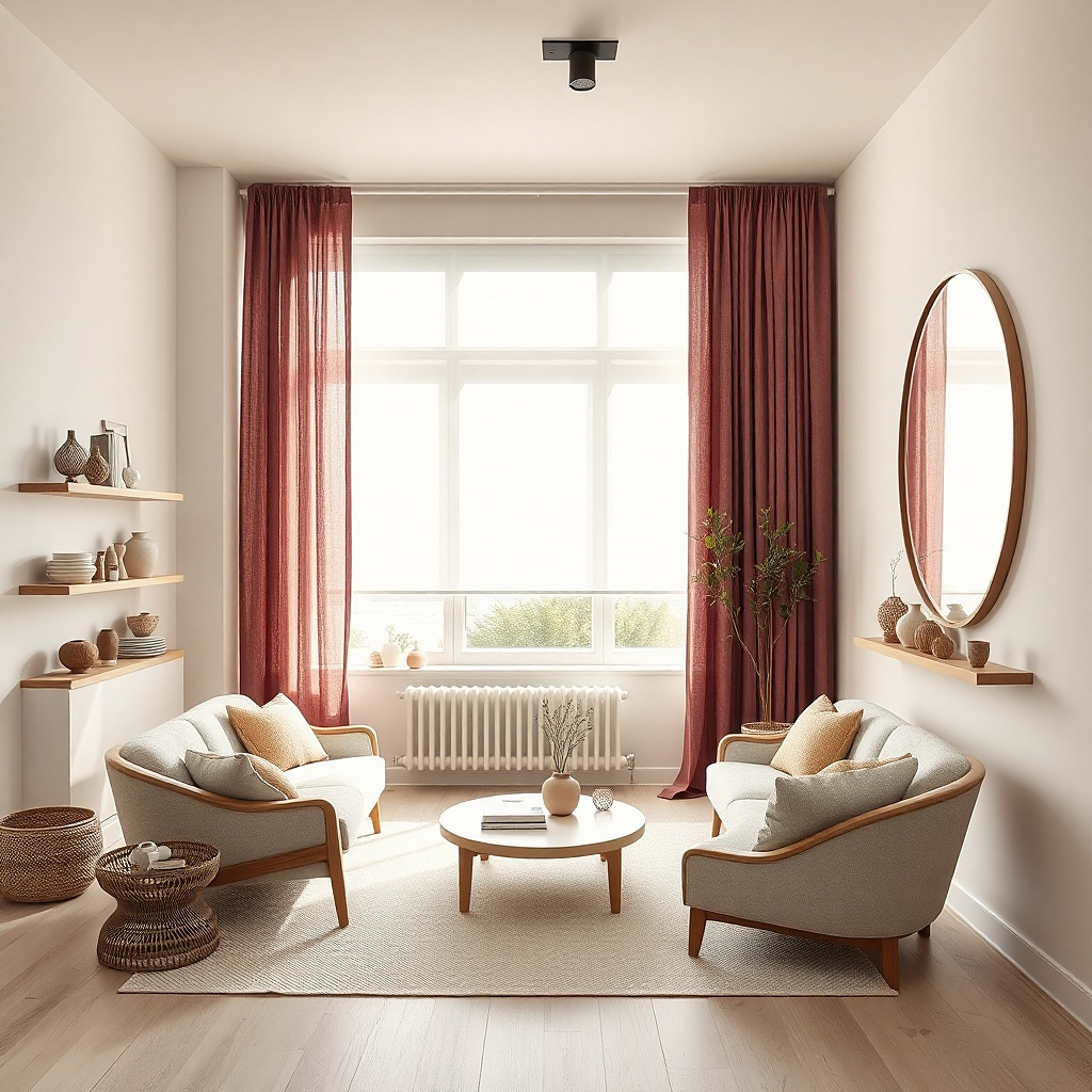 Muted cranberry curtains in a small apartment living room with light walls