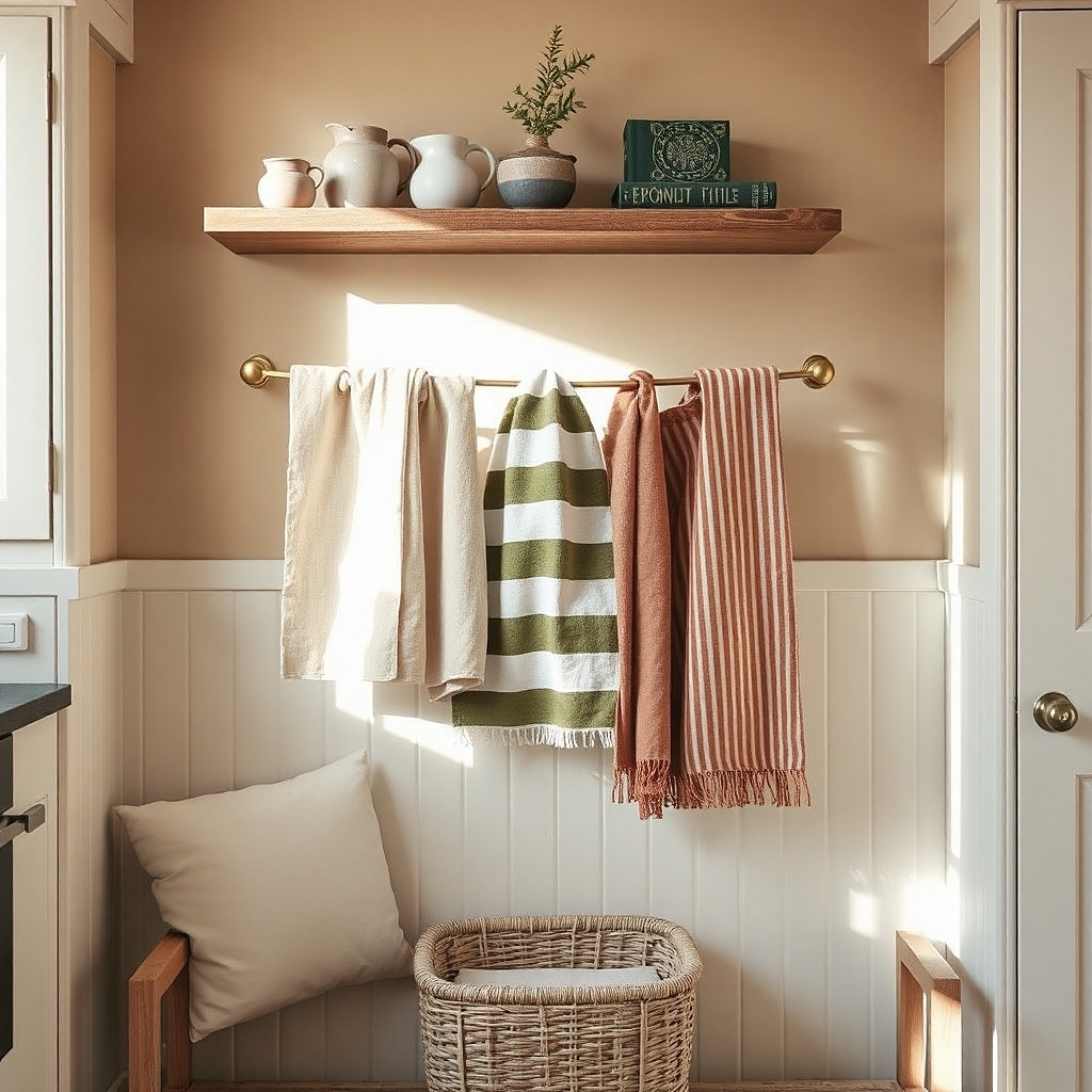Two linen dish towels hung on a tension rod under a window