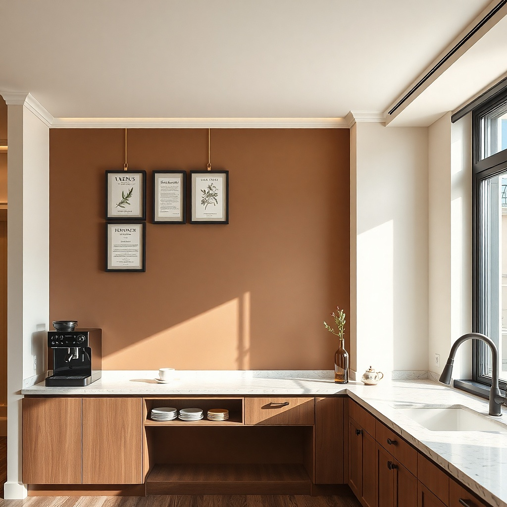 Small frames hanging from a picture rail above a dining area