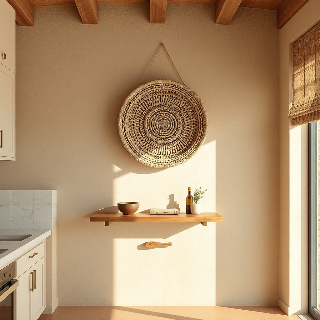 Large woven wall basket mounted on a neutral kitchen wall
